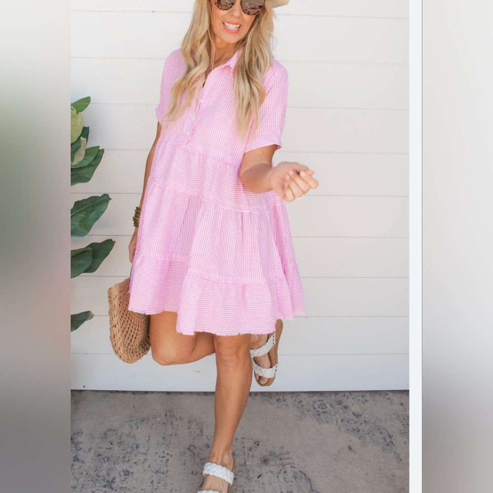 Umgee Pink Striped Tiered Dress